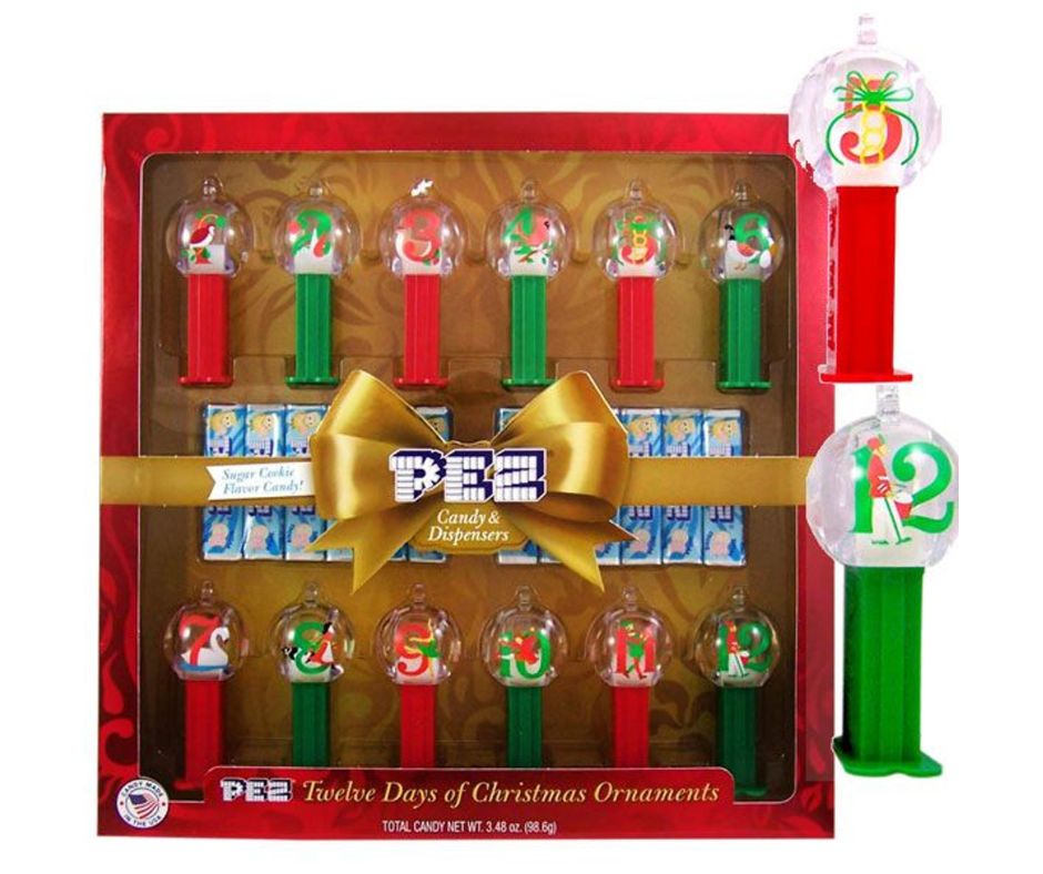 Pez 12 Days of Christmas Themed Dispenser Ornaments with Sugar Cookie Flavored Candy Gift Set